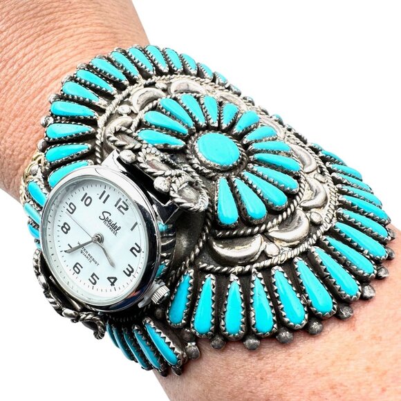 Vintage Native American Zuni Petit Turquoise Bracelet Sterling Silver Cuff 95 G - Picture 1 of 9